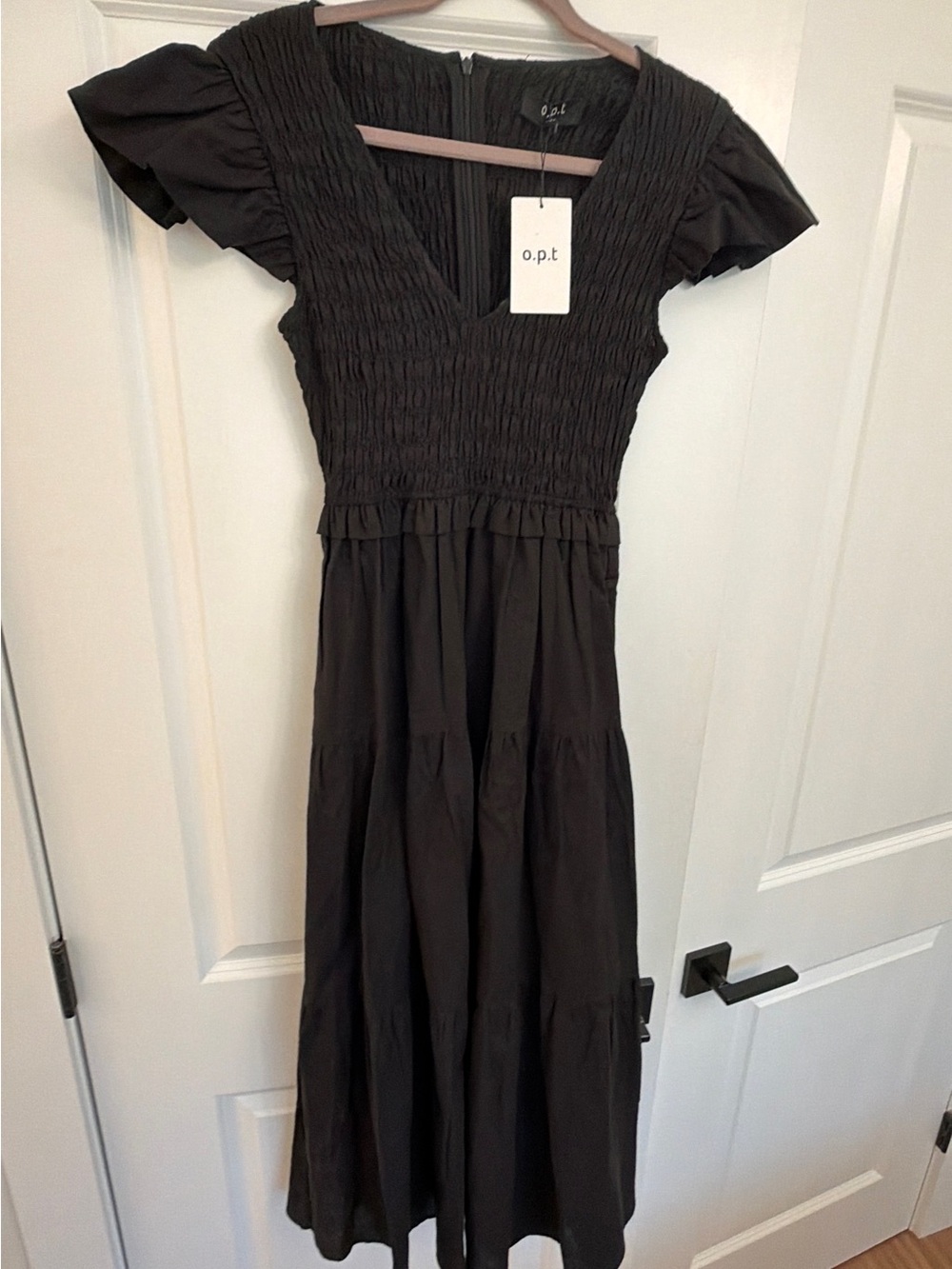NWT o.p.t Black Smocked Tiered Midi Dress Flutter Sleeve